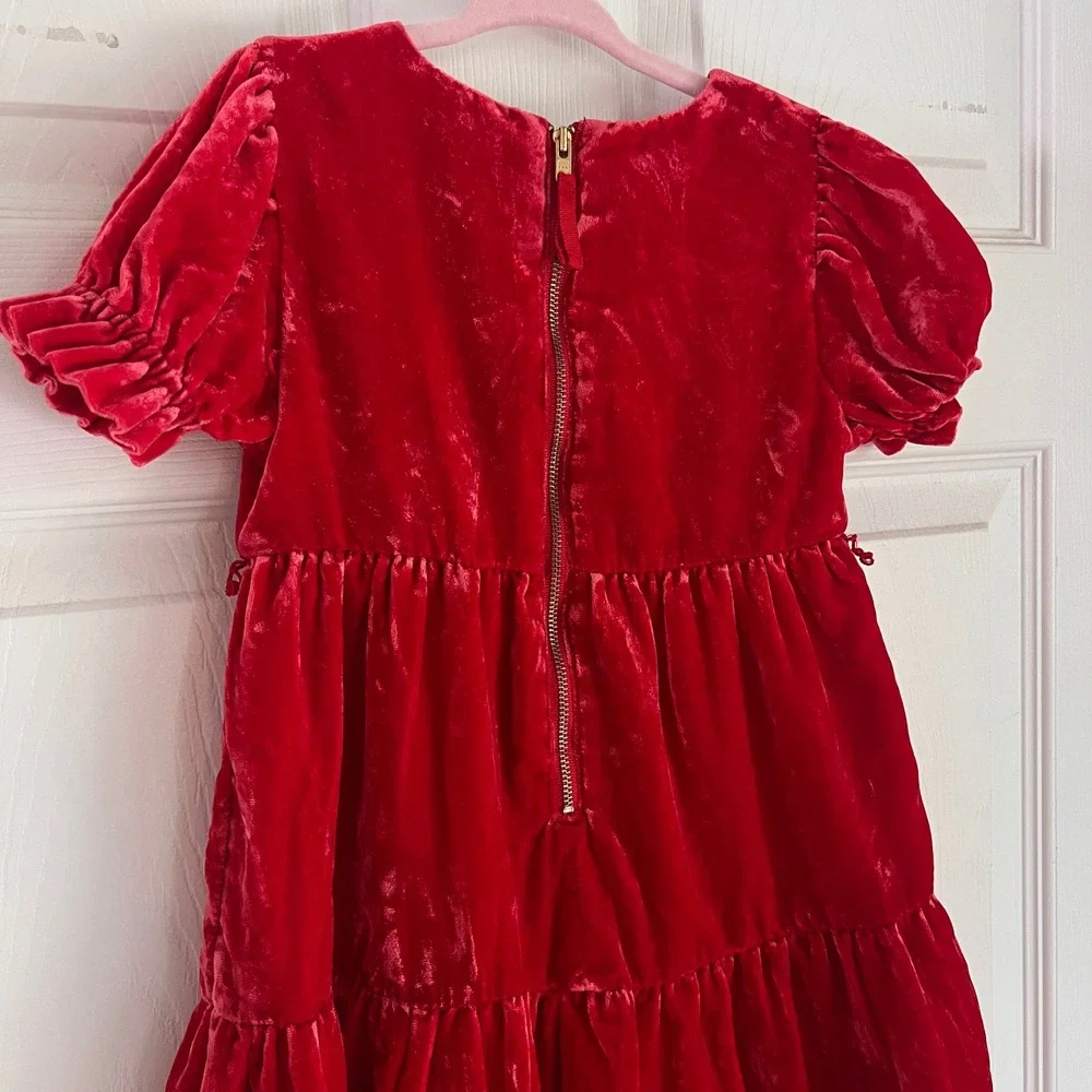 Crewcuts Velvet Dress 5 Girls Tiered Puff Sleeve Red Holiday Party dark Cool Red